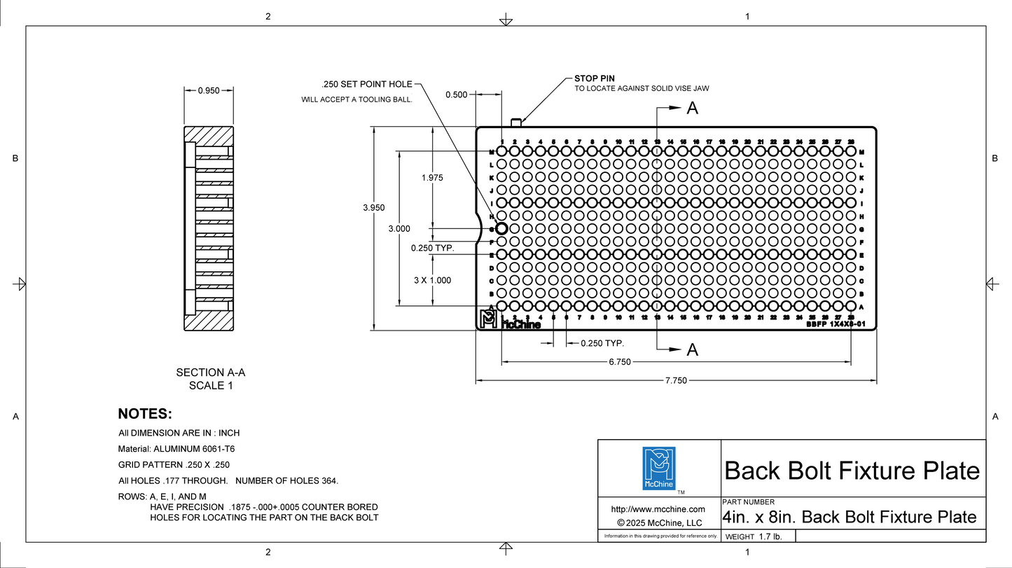 Technical drawing of the McChine 4x8 Back Bolt Fixture Plate with detailed dimensions and specifications.