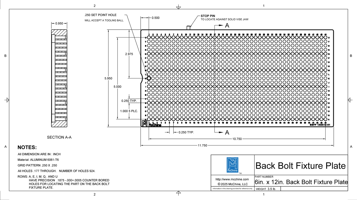Technical drawing of the McChine 6x12 Back Bolt Fixture Plate with detailed dimensions and specifications.