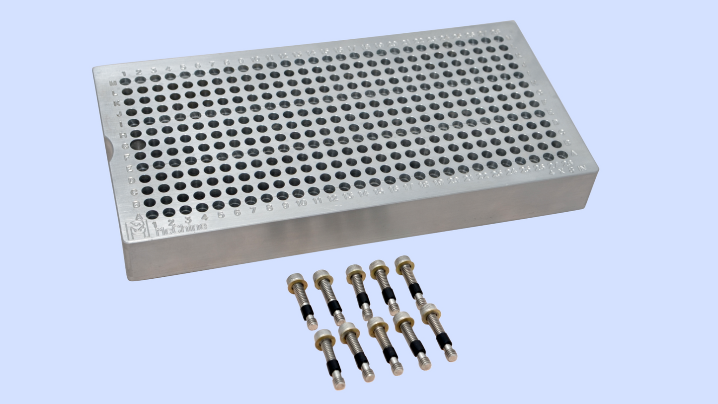 The complete McChine 4x8 Back Bolt Fixture Plate System, showing the fixture plate and the included 10-pack of 8-32 Back Bolt Assemblies.