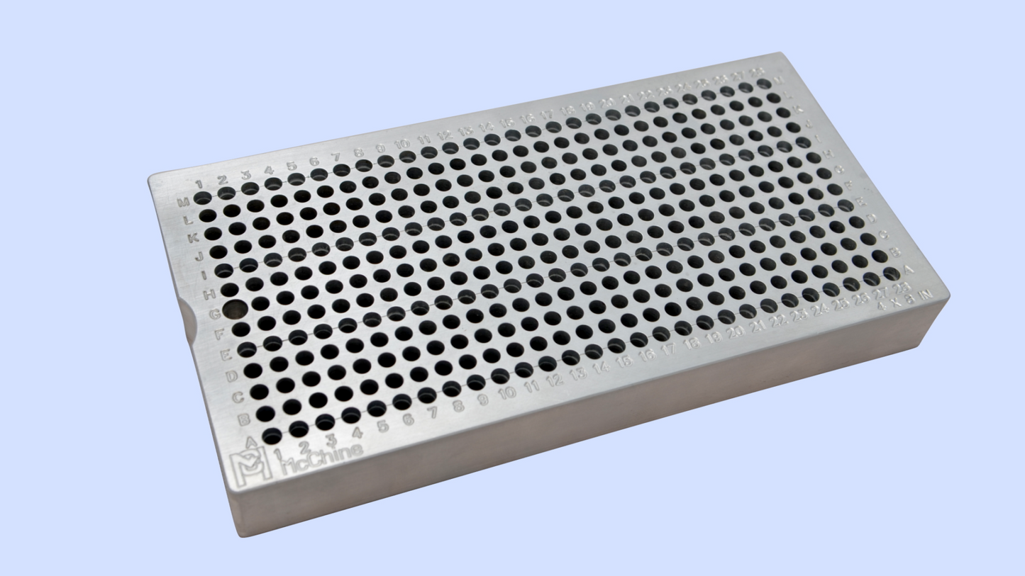 A top view of the McChine 4x8 Back Bolt Fixture Plate, detailing its precision 364-hole grid and the four counterbored rows for part locating.