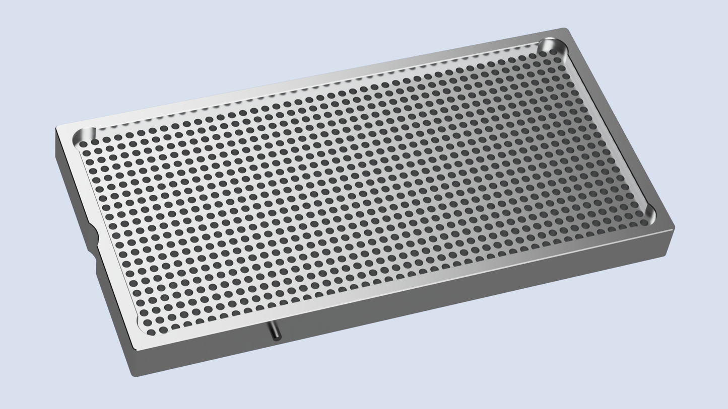 Bottom view of the McChine 6x12 Back Bolt fixture plate, showing the recessed screw pockets and the .1875" pin for **repeatable placement in a machine vise.**