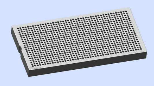 A top view of the McChine 6x12 Back Bolt Fixture Plate, detailing its precision 924-hole grid and the six counterbored rows for part locating.