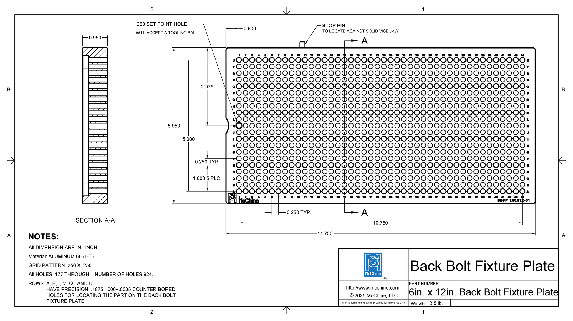 Technical drawing of the McChine 6x12 Back Bolt Fixture Plate with detailed dimensions and specifications.
