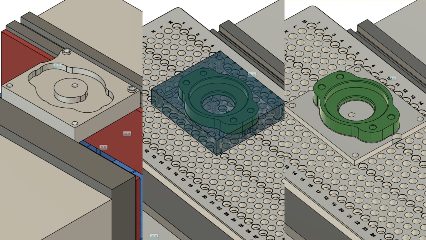A 3-step diagram showing the McChine 'Picture Framing' workflow: prepping the stock, mounting on the fixture plate, and the finished part ready for removal.