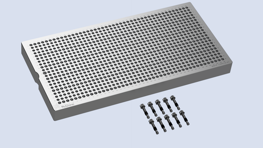 The complete McChine 6x12 Back Bolt Fixture Plate System, showing the fixture plate and the included 10-pack of 8-32 Back Bolt Assemblies.