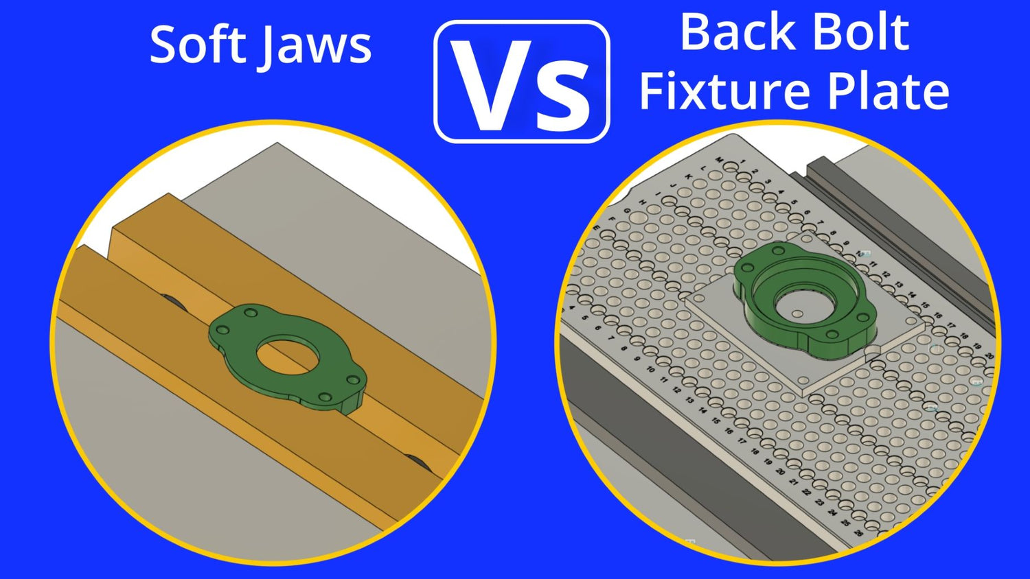 A side-by-side comparison of a part held in aluminum soft jaws versus the same part on a McChine Back Bolt Fixture Plate, with text that reads "Soft Jaws Vs Back Bolt Fixture Plate".