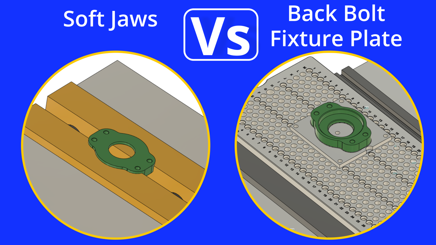 A side-by-side comparison of a part held in aluminum soft jaws versus the same part on a McChine Back Bolt Fixture Plate, with text that reads "Soft Jaws Vs Back Bolt Fixture Plate".